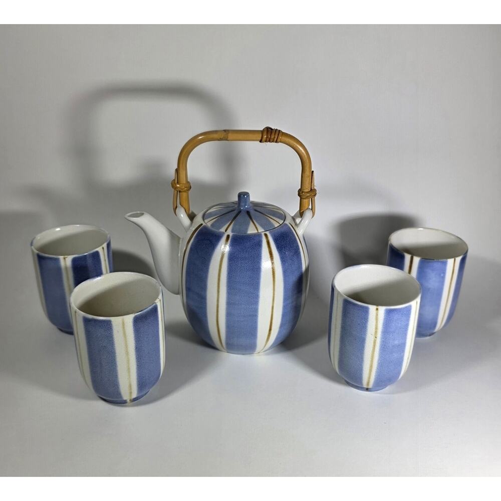Gump’s Japanese Style Blue & White Ceramic Tea Set Bamboo Handle